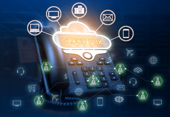 Cloud PBX concept of IP Telephone device with VoIP Services Icons connected by lines