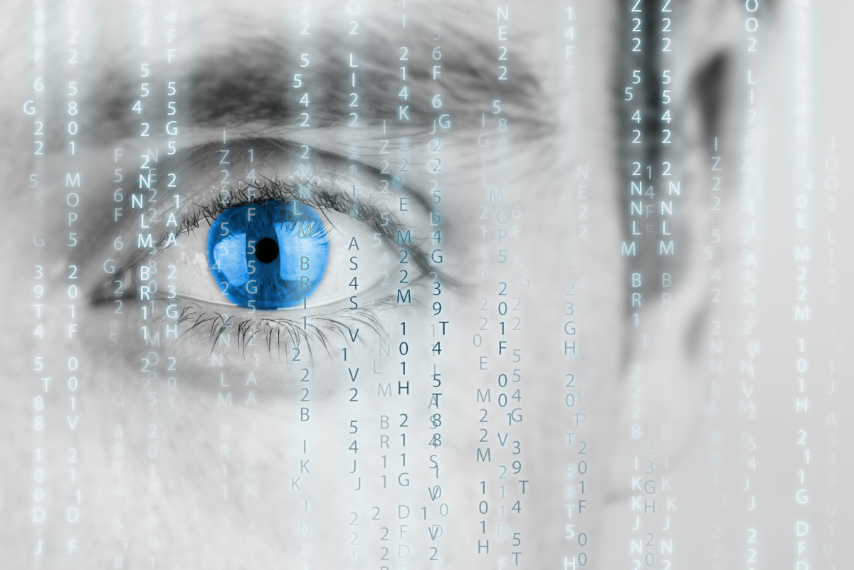 A man's blue eye. Artificial Intelligence Surveillance Systems concept