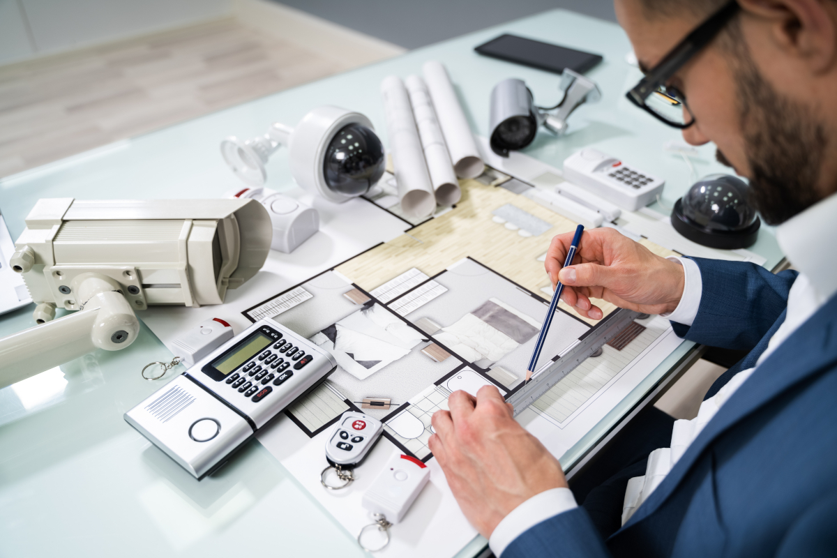 A man looking over blueprints on a desk that is covered in security systems.