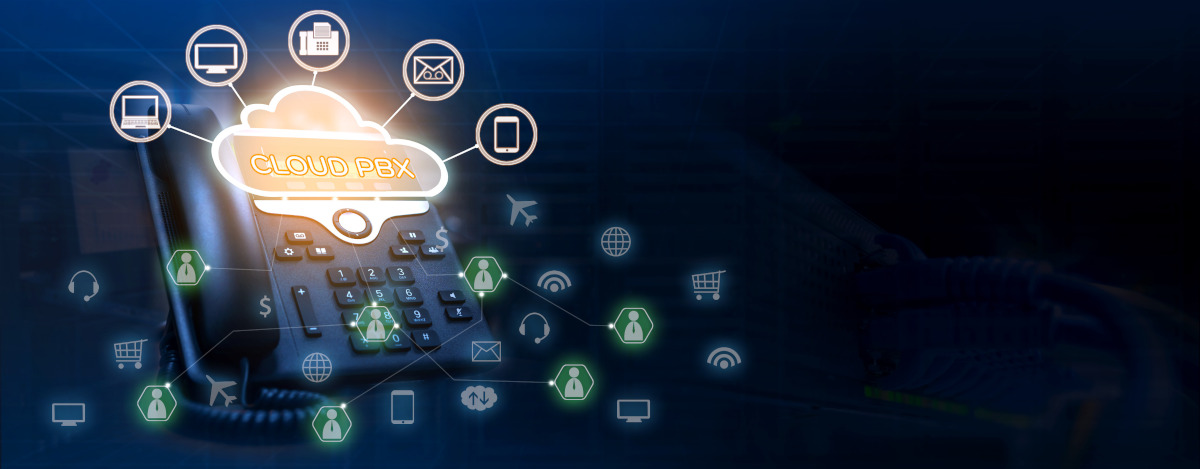 Cloud PBX concept of IP Telephone device with VoIP Services Icons connected by lines