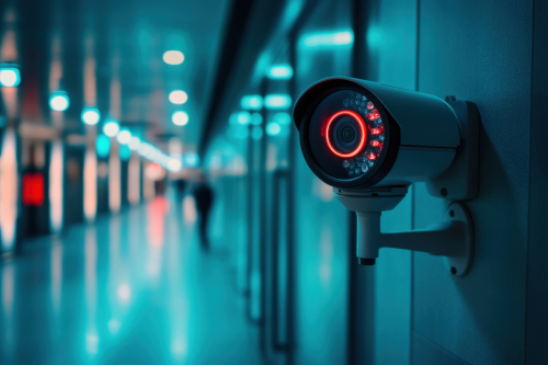 A security camera mounted on the wall in a hallway, monitoring the area for safety and surveillance.