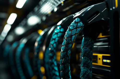 Close-up of braided network cables connected to a server rack, with green and black cords and yellow server components in a data center environment.